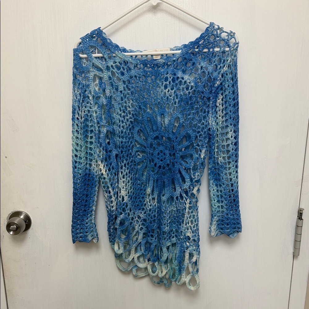 Boston Proper Blue Crochet Openwork Top